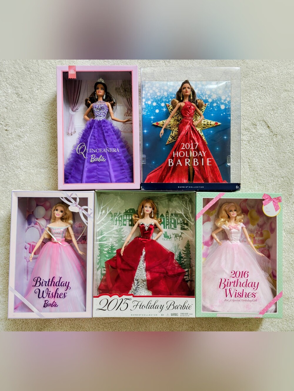 Barbie Collector Dolls in Red, Purple, Pink Gowns